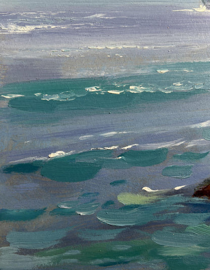 Textured oil painting of teal ocean waves and village coziness by Yuriy Suprunchuk