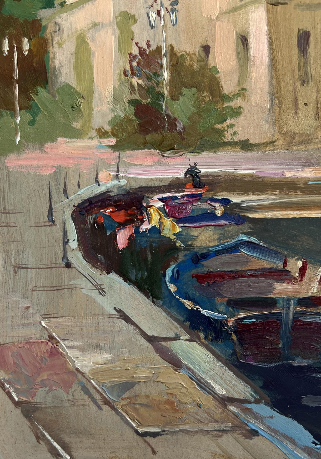 Impressionistic oil painting of vibrant blue boat in city canal by Yuriy Suprunchuk