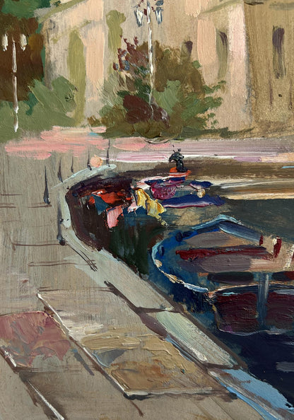 Impressionistic oil painting of vibrant blue boat in city canal by Yuriy Suprunchuk