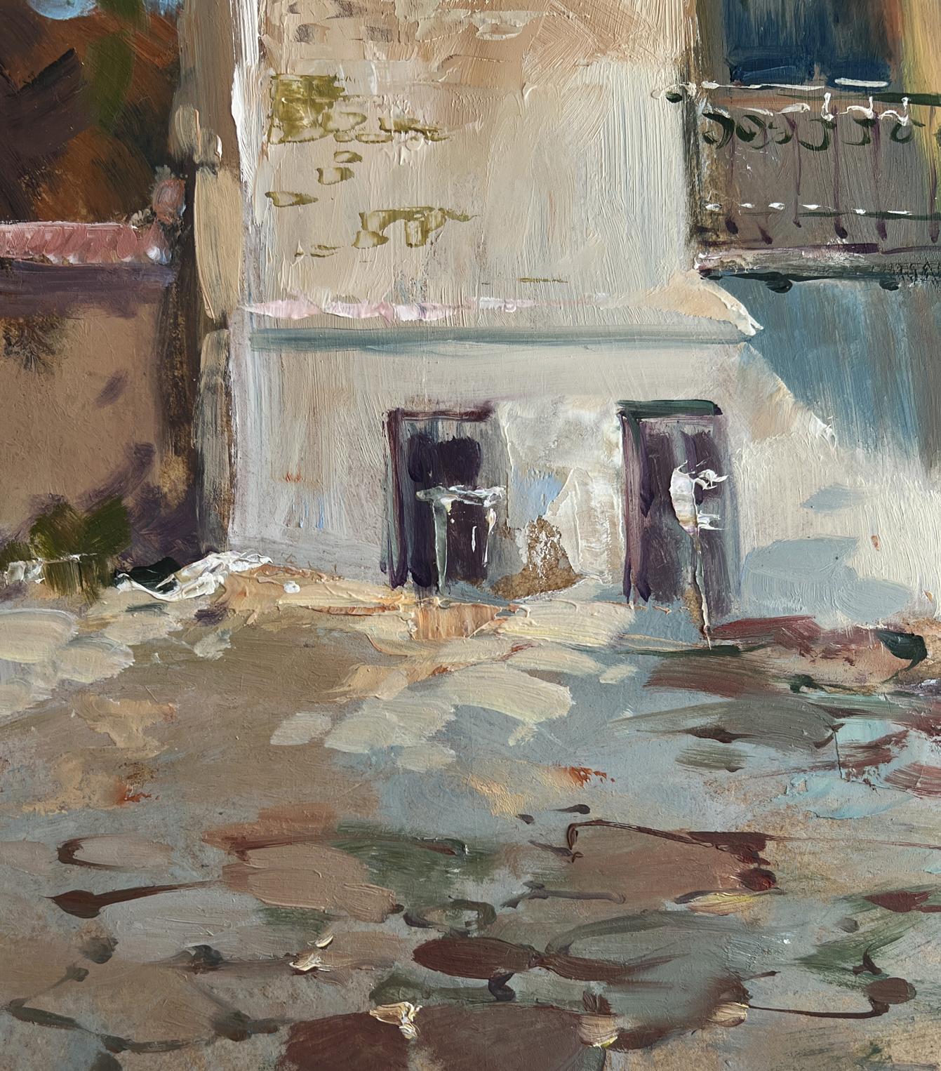 Oil painting Warm wind on the streets by Yuriy Suprunchuk, weathered white building