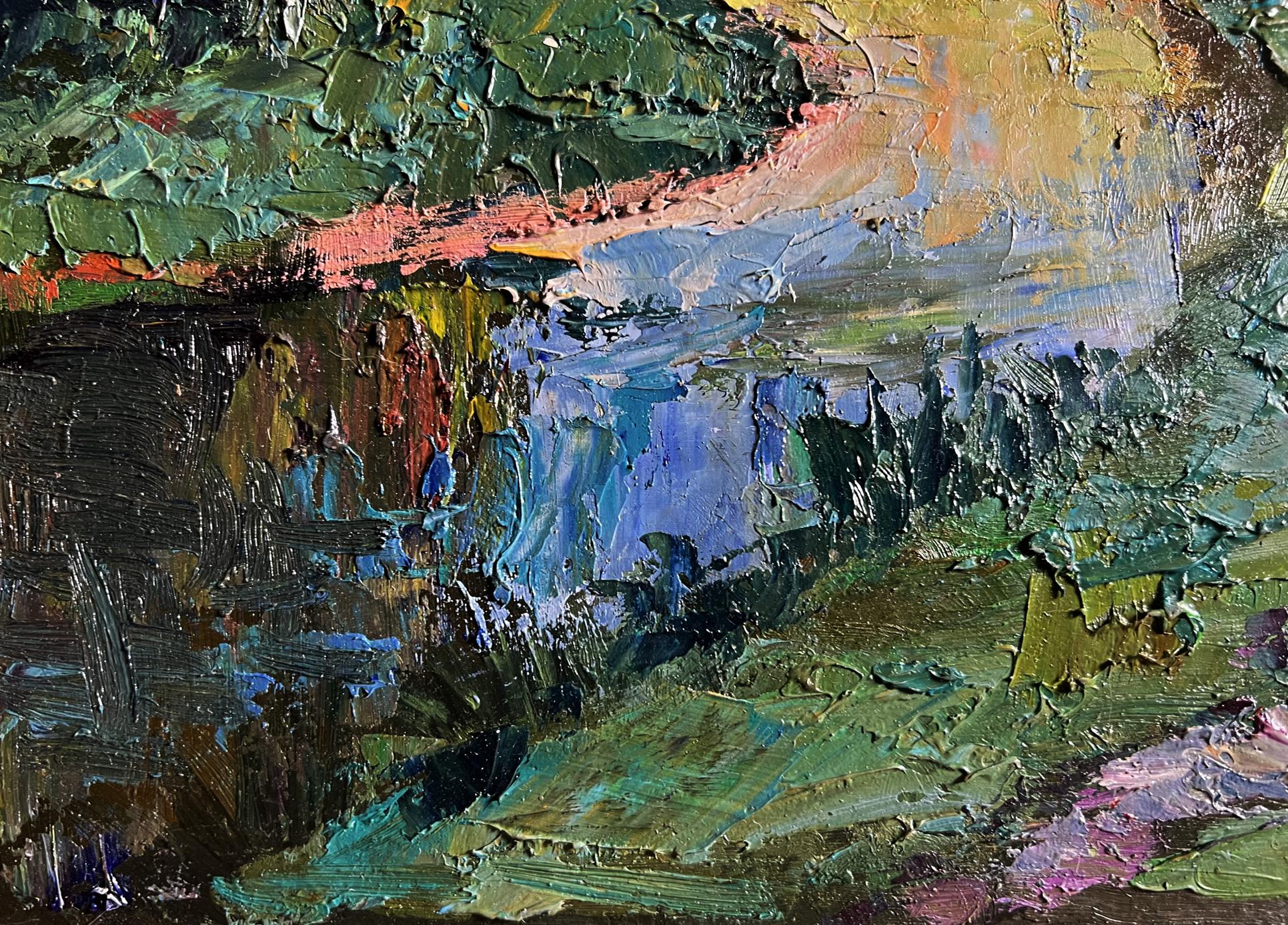 Oil painting Forest along the river by Boris Serdyuk, textured impasto greens and blues
