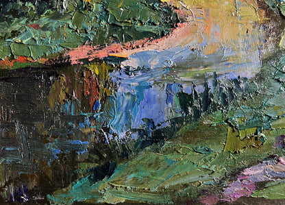 Oil painting Forest along the river by Boris Serdyuk, textured impasto greens and blues
