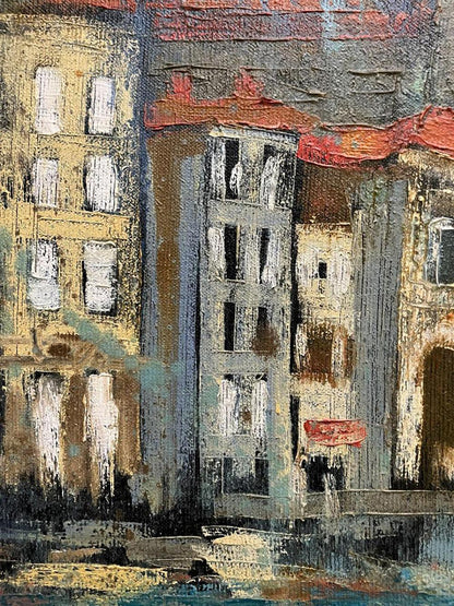Textured abstract oil painting of rainy urban buildings by Serhiy Kovalev