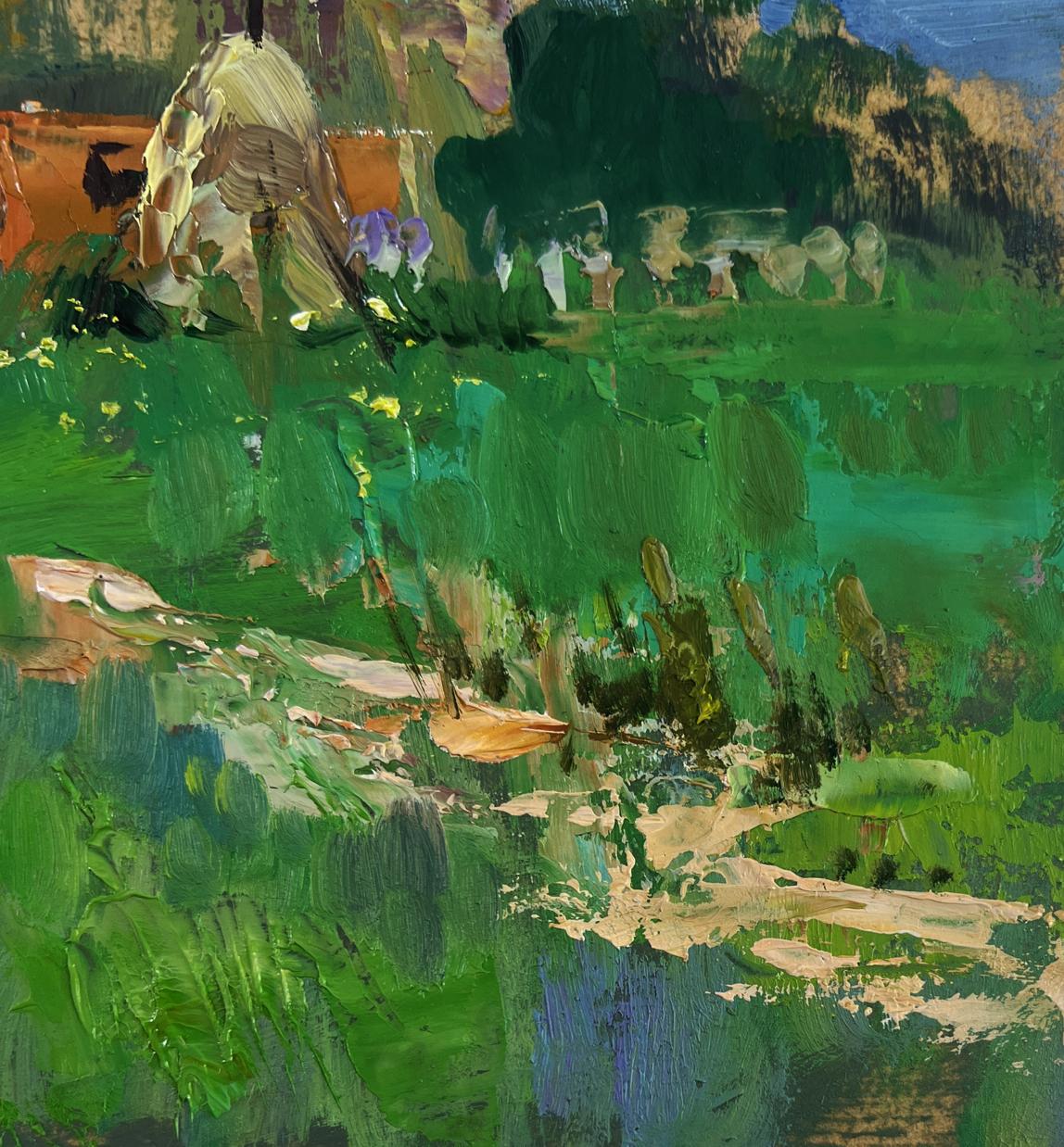 Vibrant impressionist oil painting of rural idyll with huts, cattle by Yuriy Suprunchuk