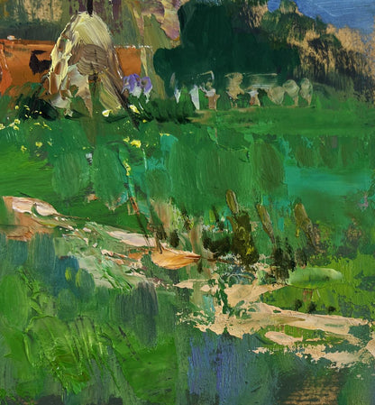 Vibrant impressionist oil painting of rural idyll with huts, cattle by Yuriy Suprunchuk