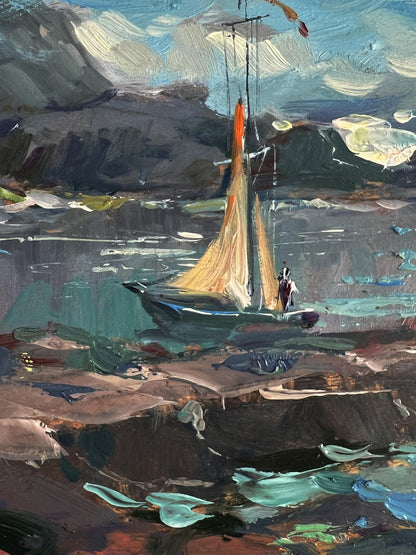 Oil painting of sailboat near seashore by Yuriy Suprunchuk