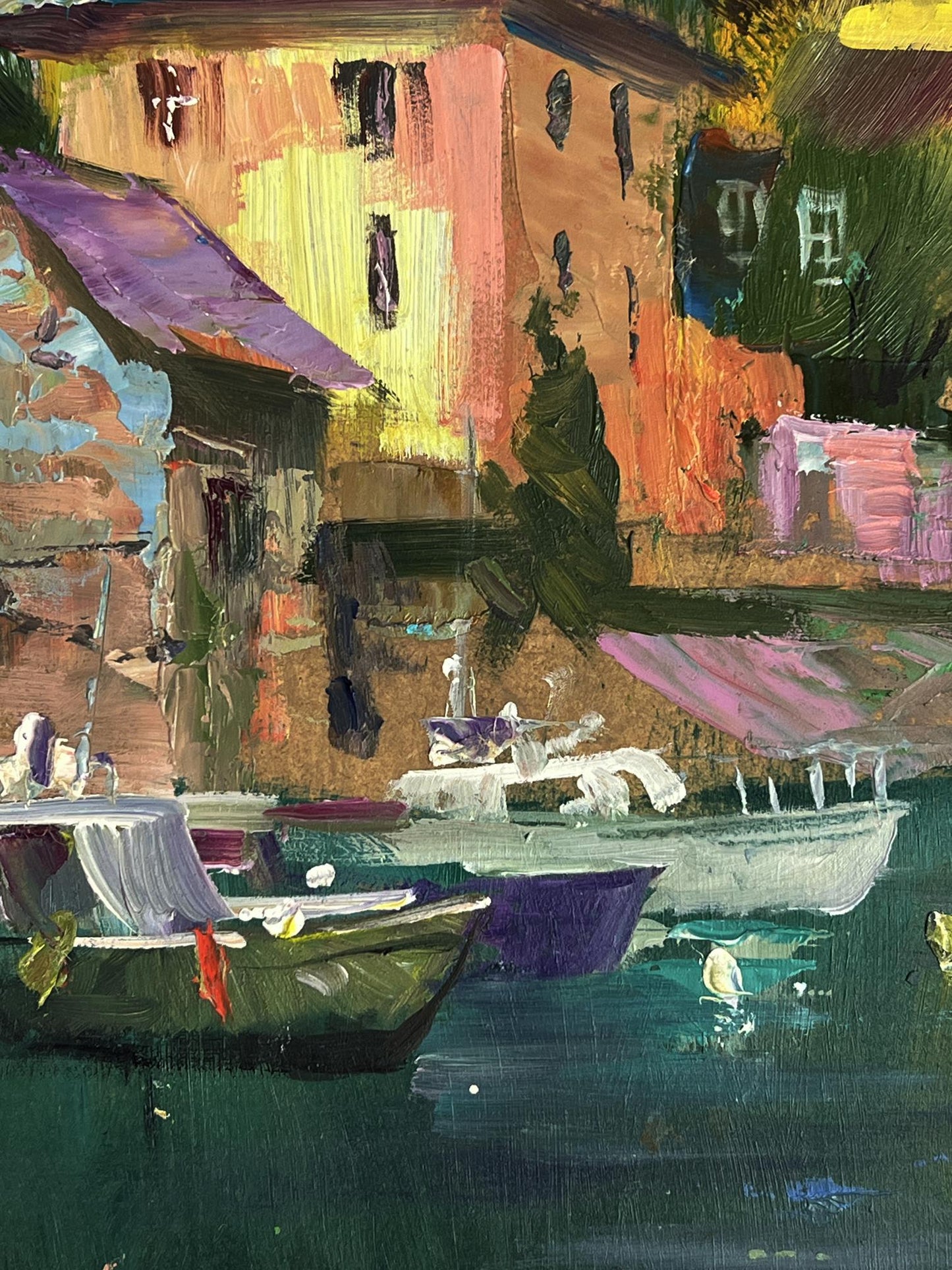 Vibrant impressionist oil painting by Yuriy Suprunchuk of boats moored in canal by colorful sunlit houses