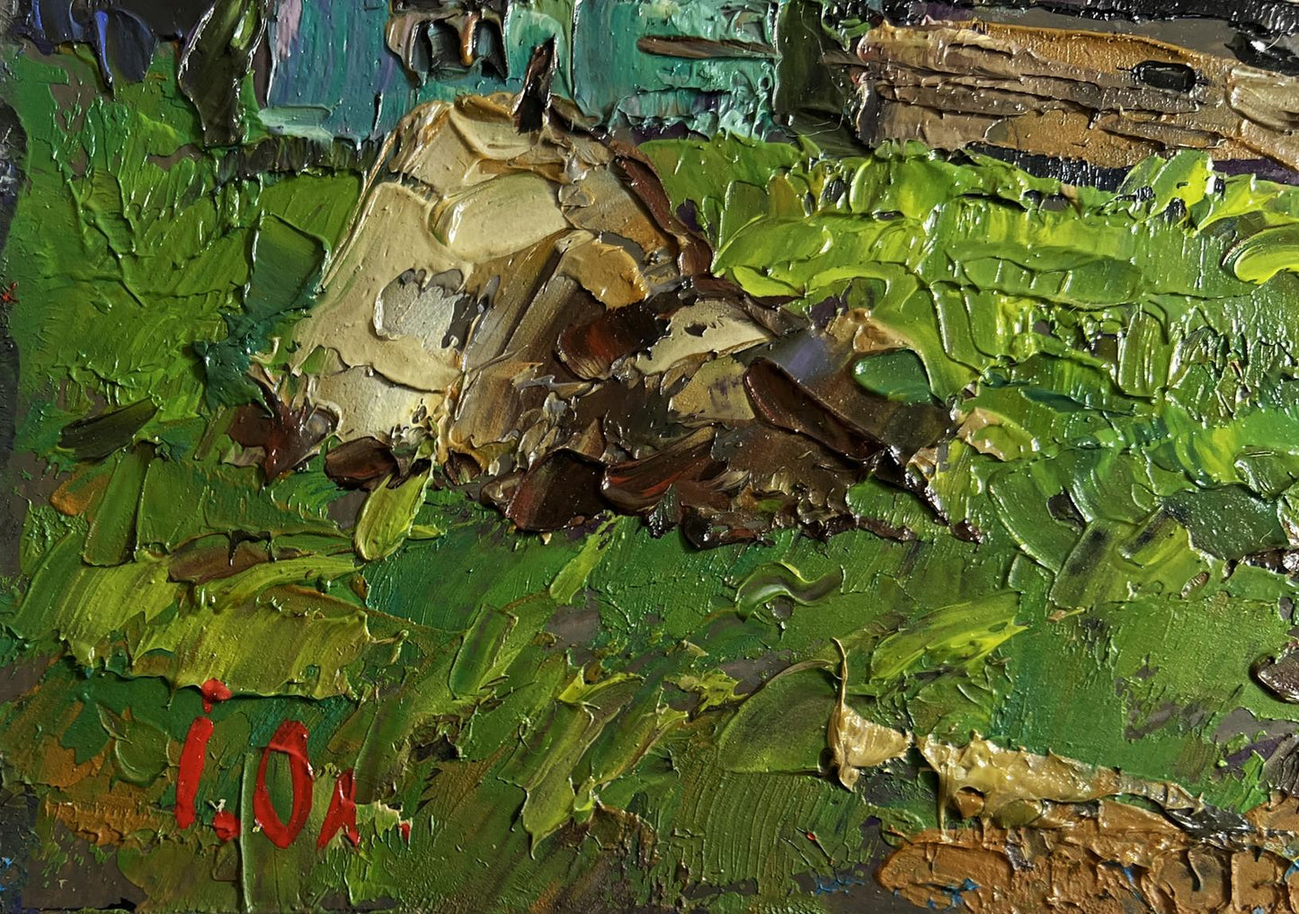 Oil painting Evening cold breeze by Oleksiy Ivanyuk: rocky outcrop in green foliage
