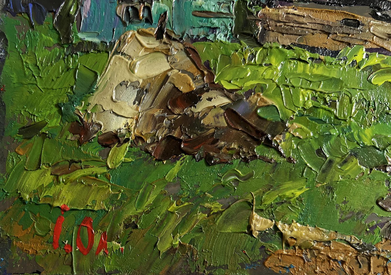 Oil painting Evening cold breeze by Oleksiy Ivanyuk: rocky outcrop in green foliage
