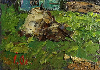 Oil painting Evening cold breeze by Oleksiy Ivanyuk: rocky outcrop in green foliage