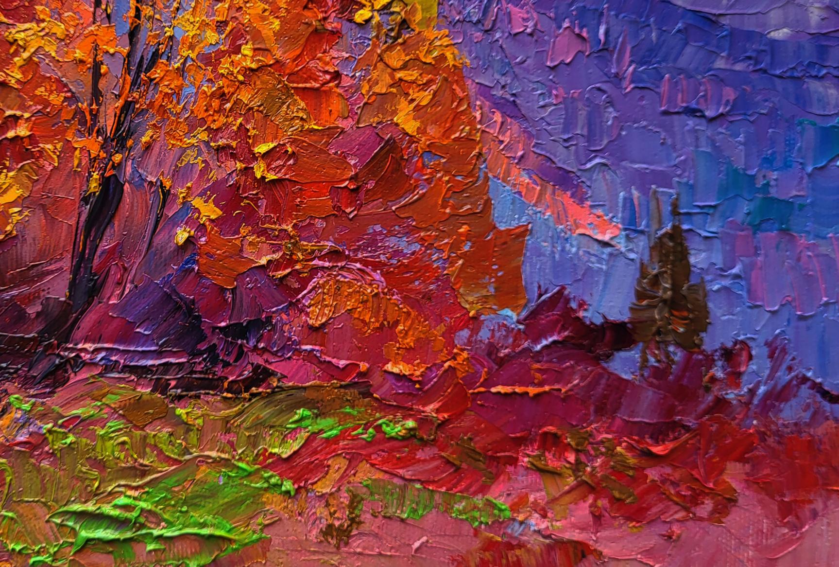 Vibrant oil painting Autumn is crimson by Boris Serdyuk with bold reds and oranges