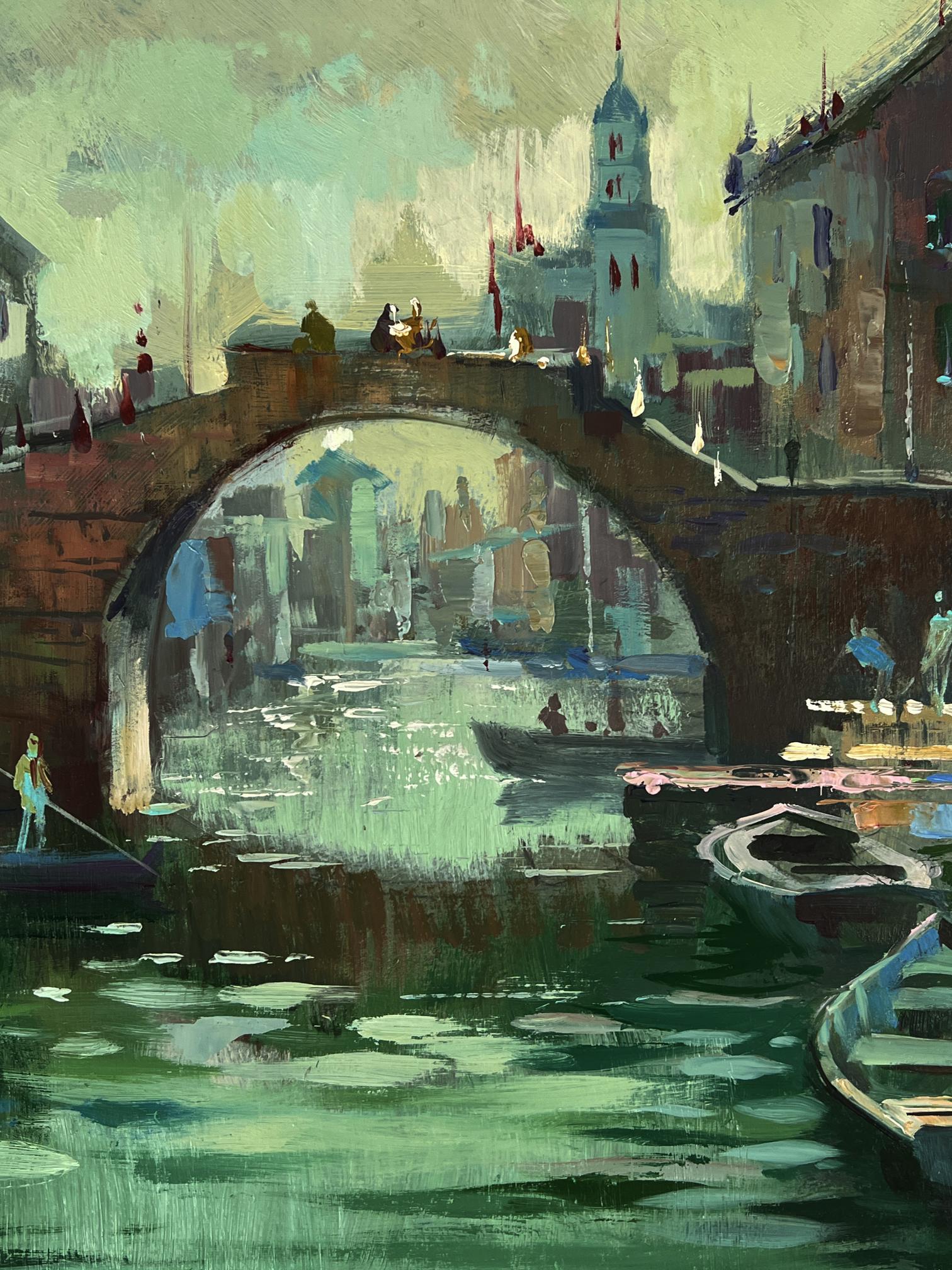 Oil painting of Venice canal by Yuriy Suprunchuk, stone arch bridge over greenish water