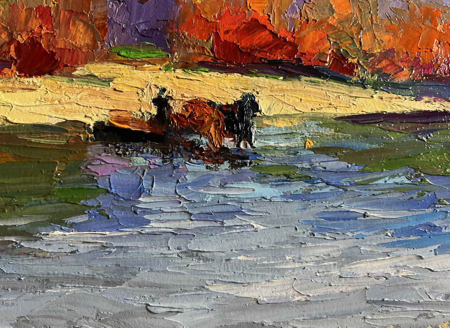 Vibrant impressionist oil painting of horses relaxing on a boat by Boris Serdyuk