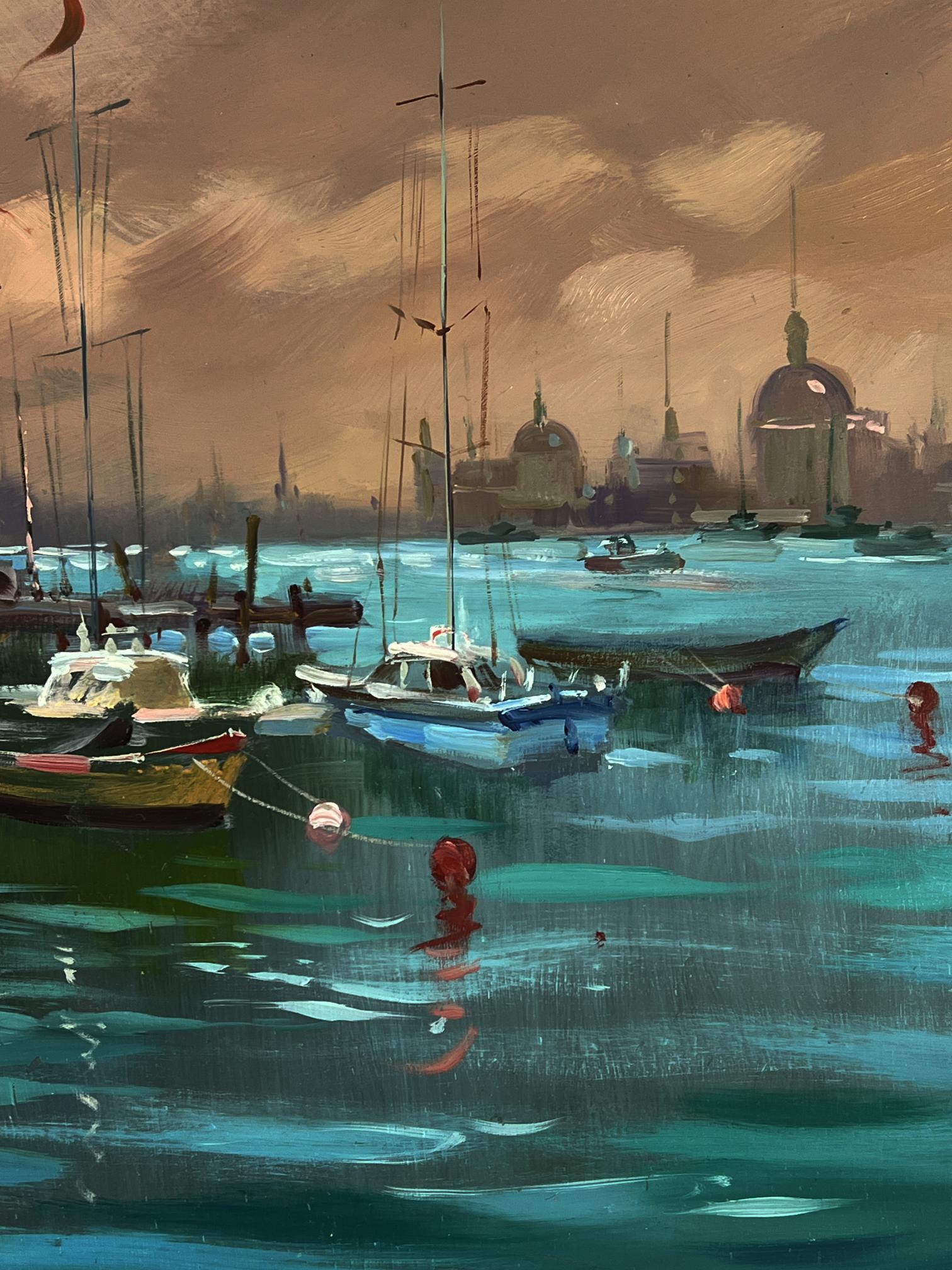 Oil painting Sunset at the city pier by Yuriy Suprunchuk serene harbor scene