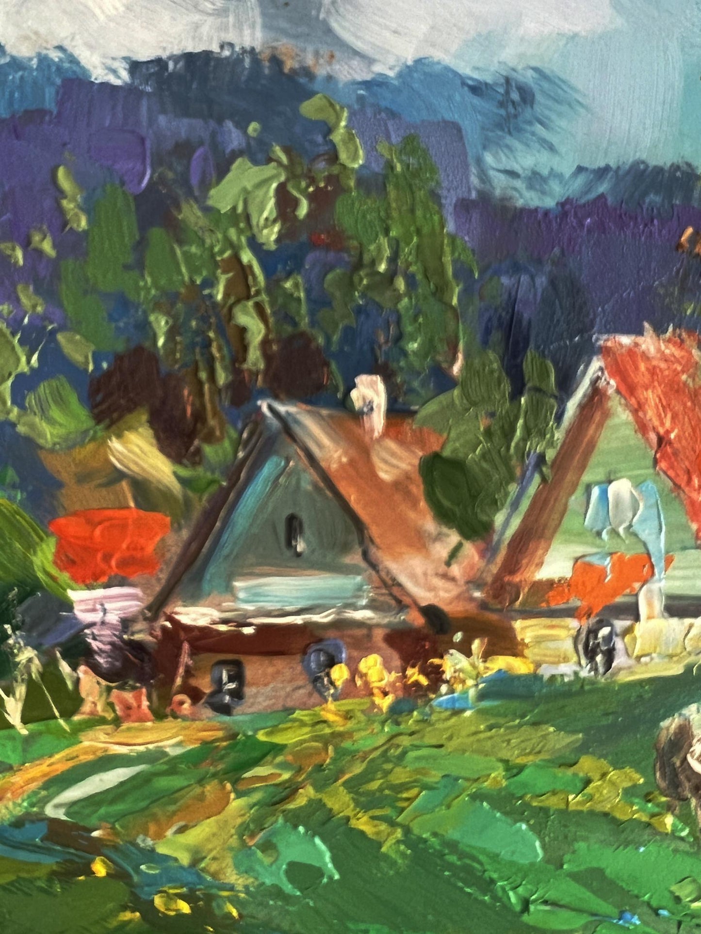 Vibrant impressionist oil painting by Yuriy Suprunchuk of rustic house among trees