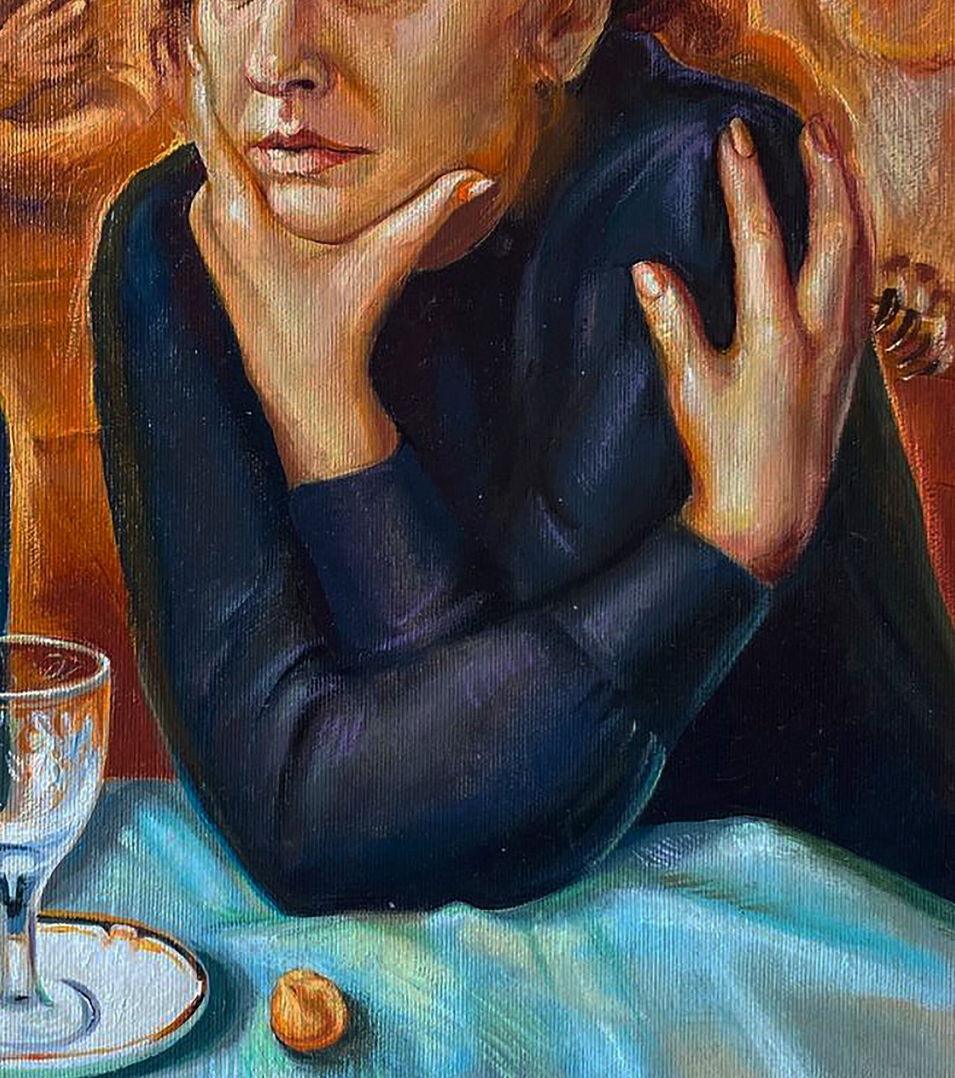 Oil painting After absinthe by Natalia Bulat: woman resting head on hand