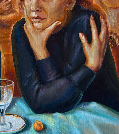 Oil painting After absinthe by Natalia Bulat: woman resting head on hand