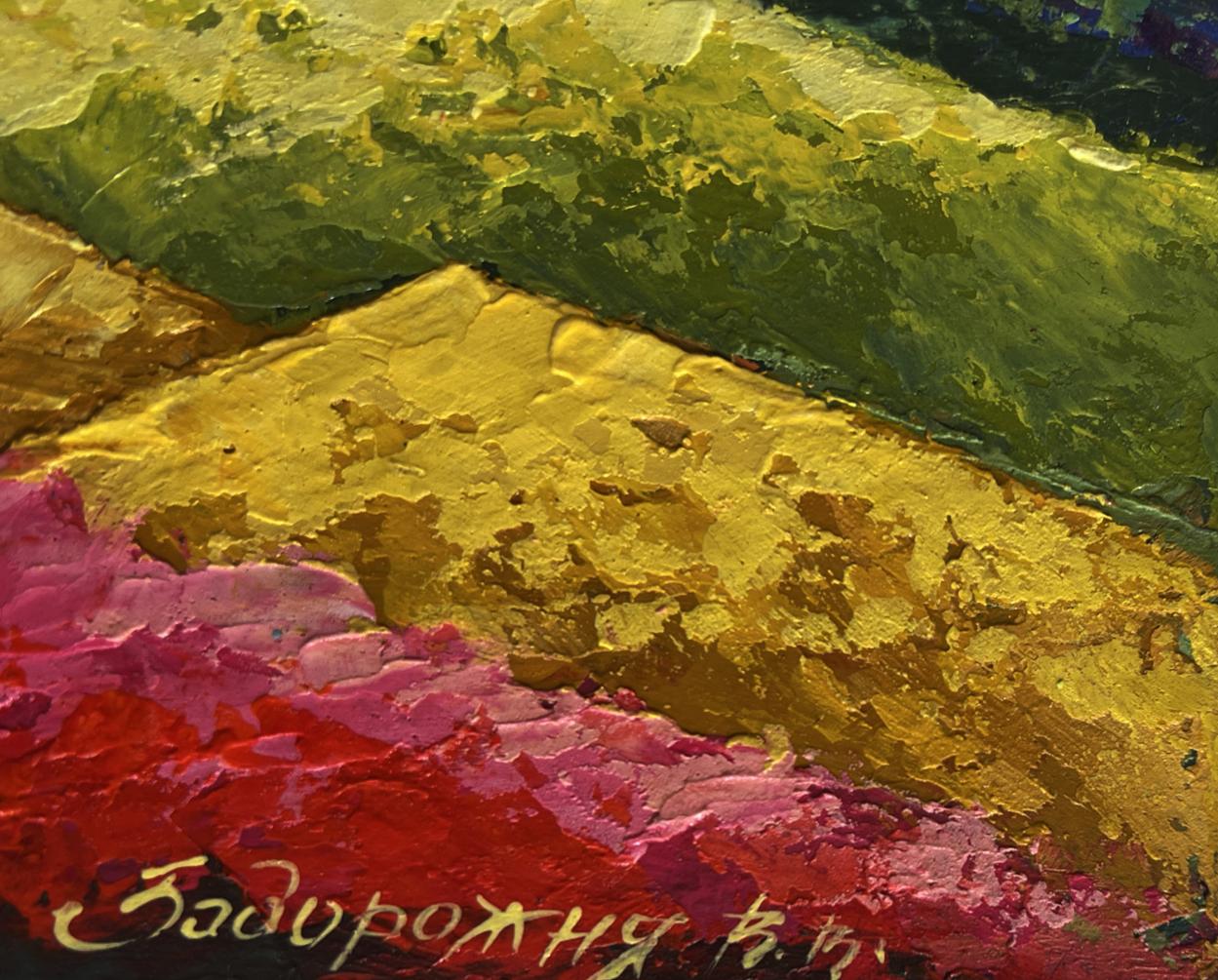 Vibrant impasto oil painting of sunset atop mountain by V. Zadorozhnya