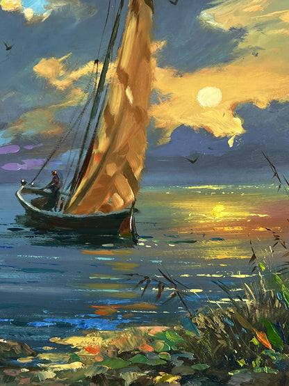 Oil painting of sailboat with golden-brown sail at sunset by Yuriy Suprunchuk