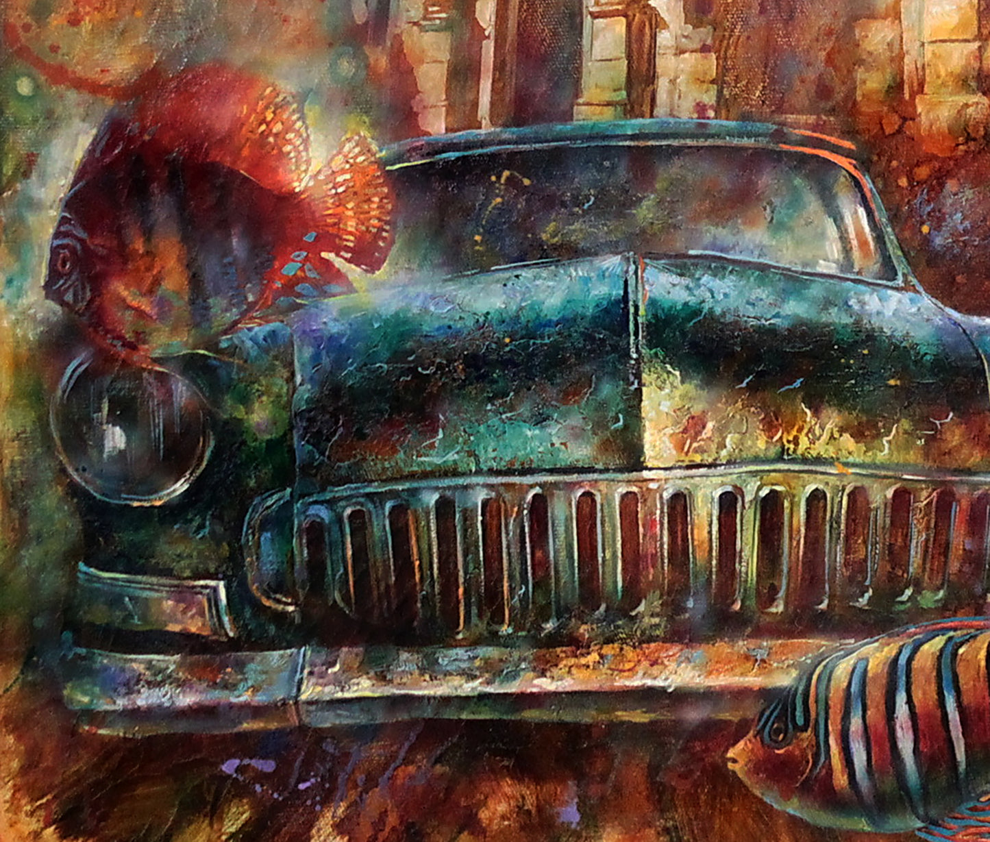 Rustic teal vintage car oil painting Forgotten Motive by Alexander Dobrodiy