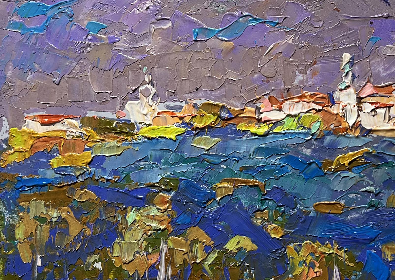 Vibrant impressionist oil painting by Oleksiy Ivanyuk: coastal village under grey clouds