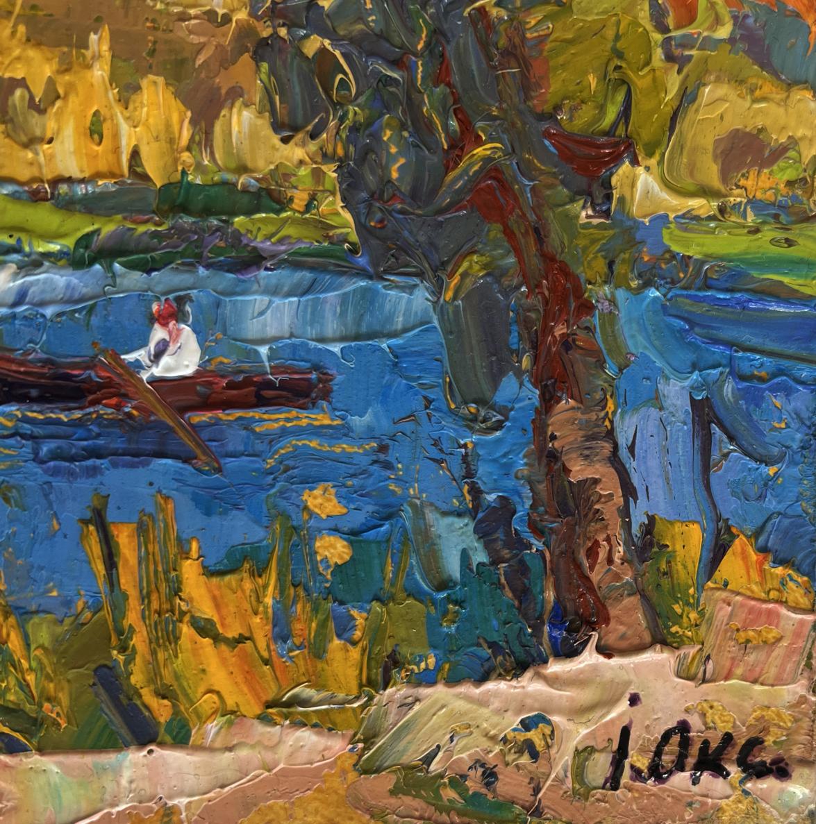 Oil painting Early autumn fishing by Oksana Ivanyuk, vibrant impressionist boat scene