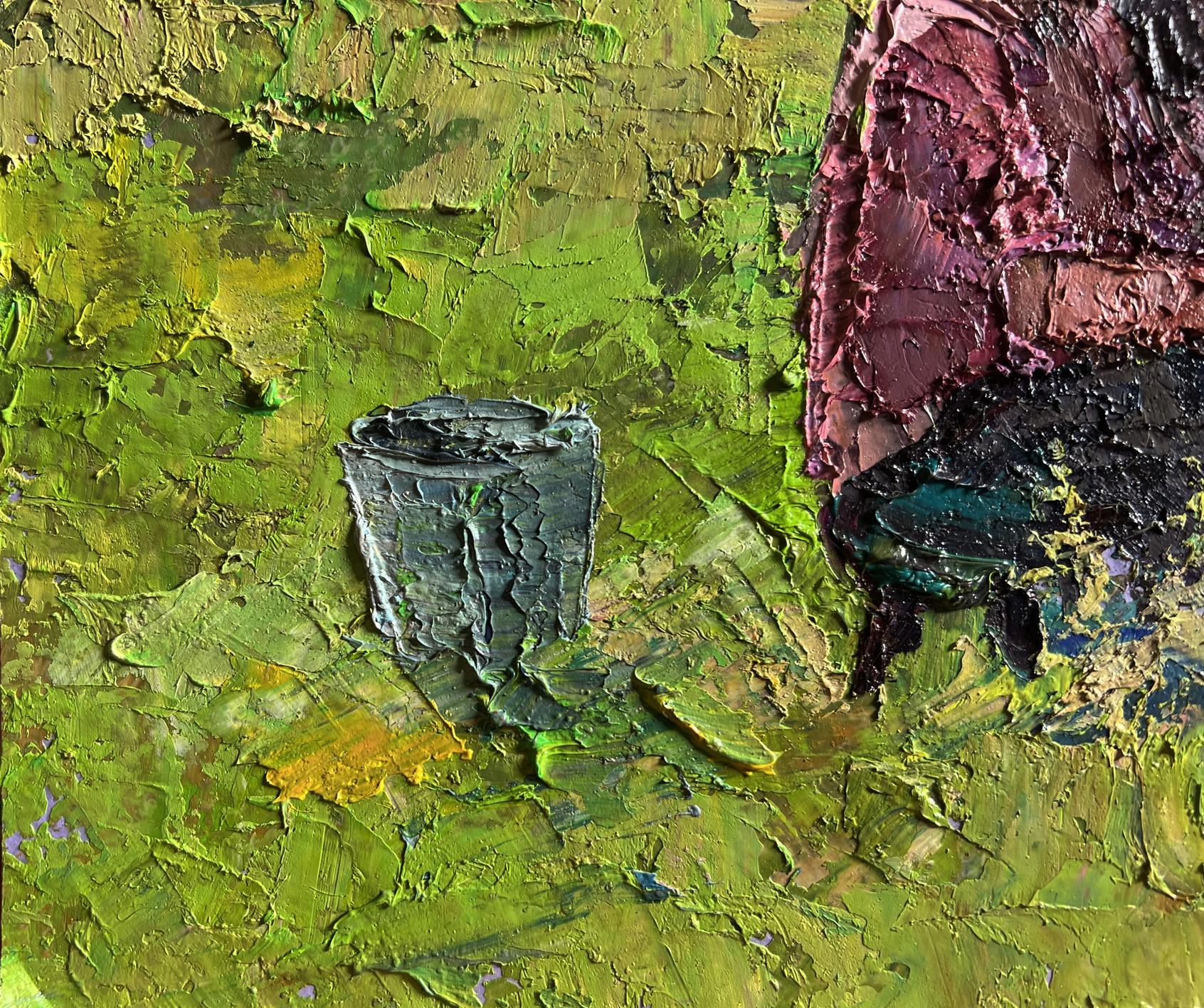 Oil painting Lunch milking Boris Serdyuk textured dark gray cylinder on green canvas