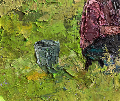 Oil painting Lunch milking Boris Serdyuk textured dark gray cylinder on green canvas