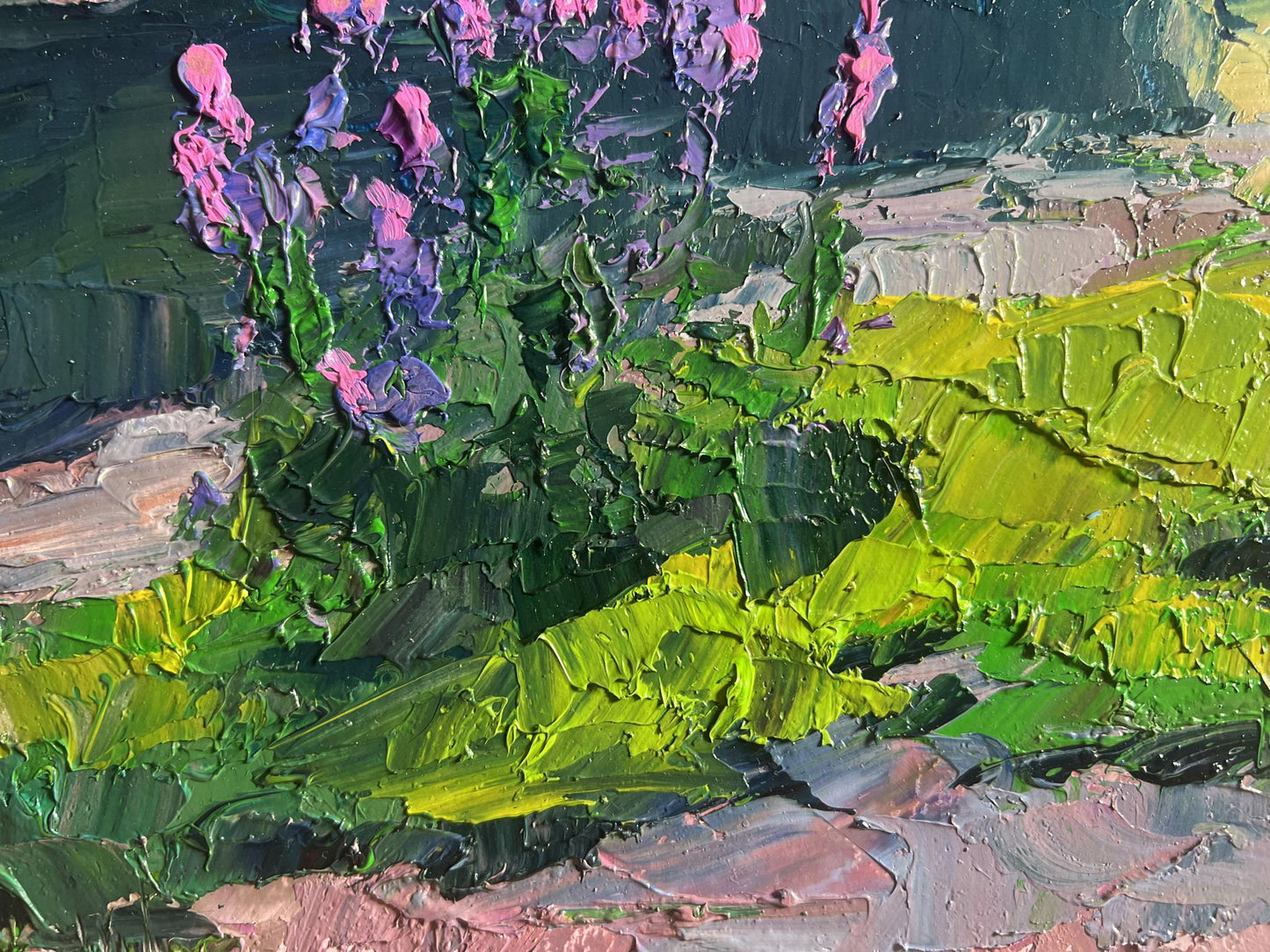 Impressionistic oil painting of vibrant pink purple flowers near summer river by Boris Serdyuk