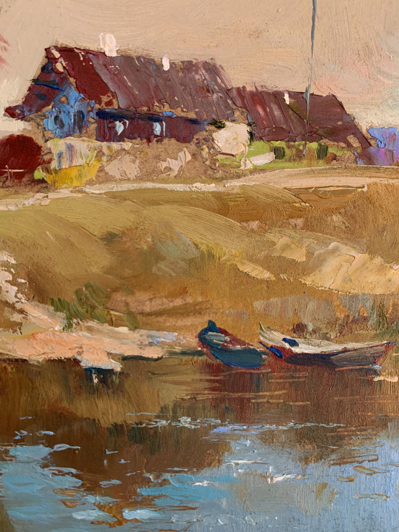 Rustic blue red boat on calm water, Yuriy Suprunchuk oil painting