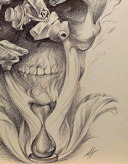 Pen painting by Natalia Bulat: skull with hourglass, paper, fabric sketch
