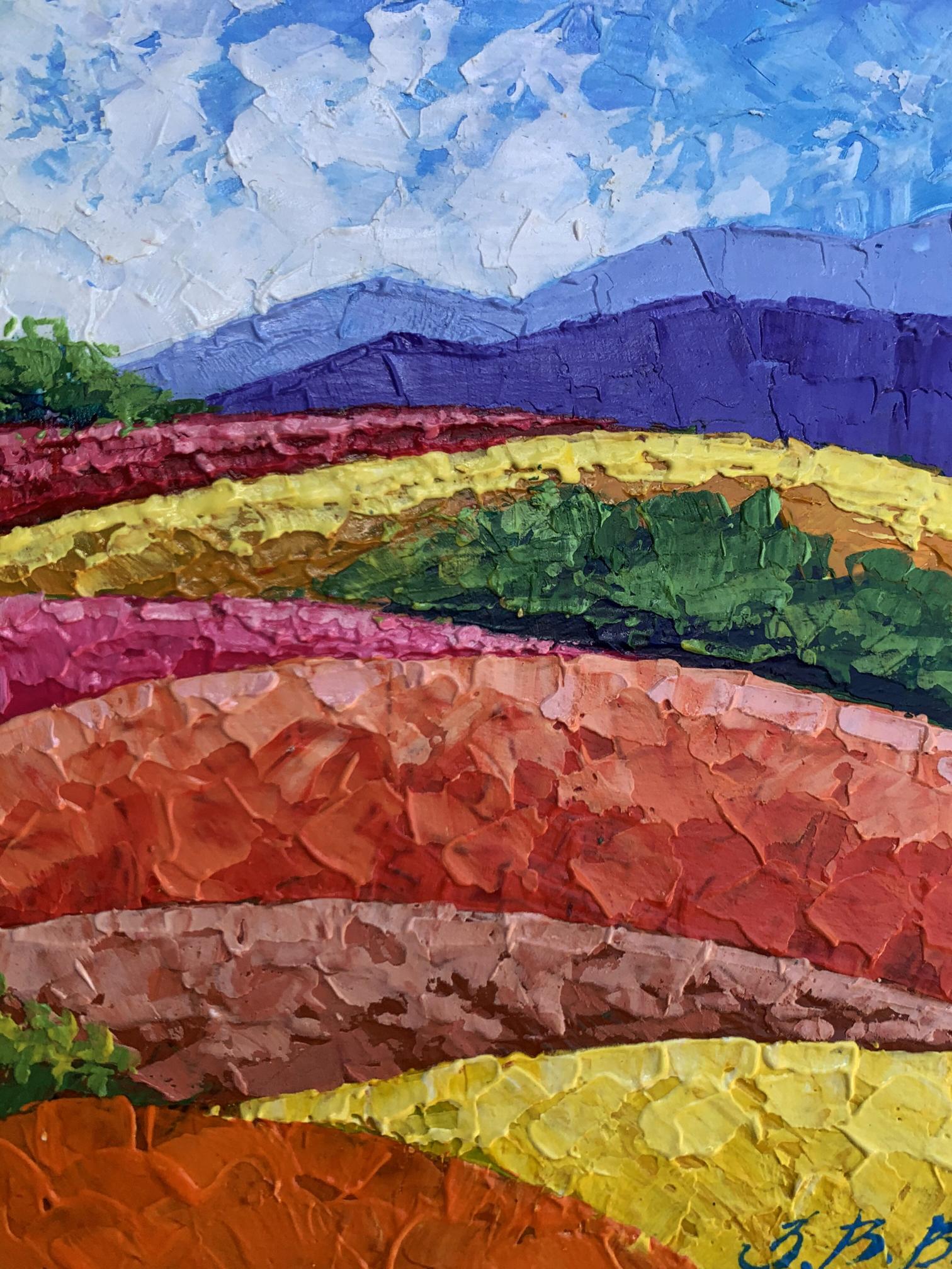 Oil painting of mountains and plains by V. Zadorozhnya with vibrant striped fields