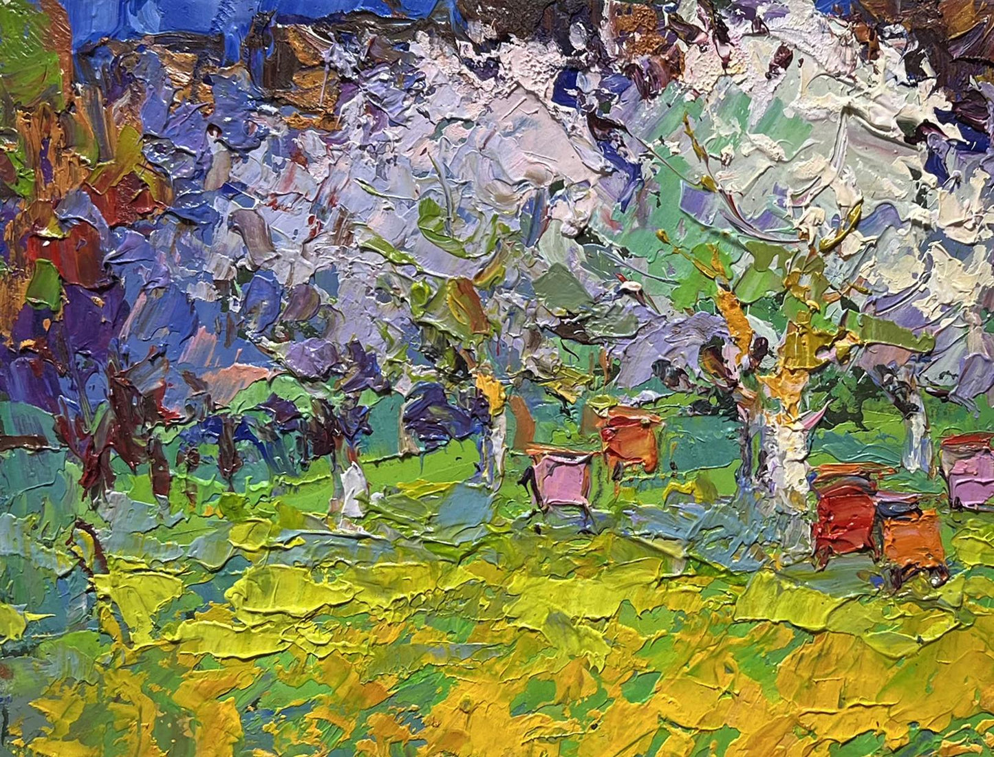 Vibrant oil painting Spring apiary by Oksana Ivanyuk with colorful trees and beehives