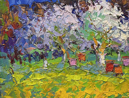 Vibrant oil painting Spring apiary by Oksana Ivanyuk with colorful trees and beehives