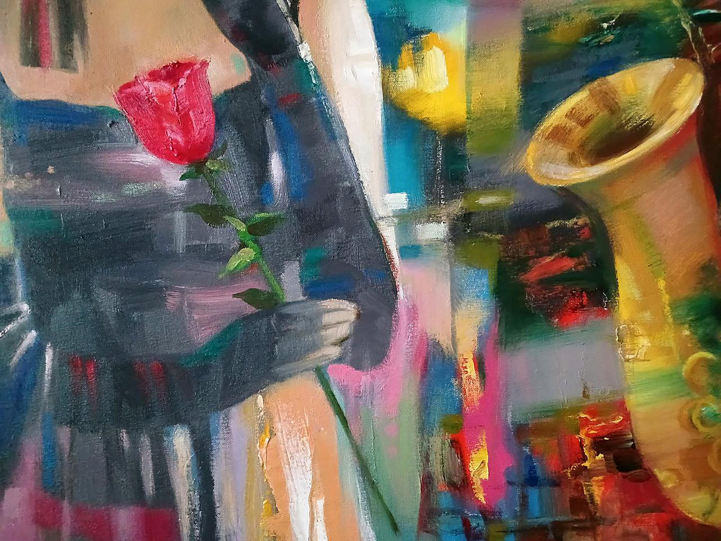 Abstract Evening Blues oil painting by Anatoly Tarabanov: red rose in dark hands