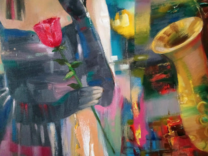 Abstract Evening Blues oil painting by Anatoly Tarabanov: red rose in dark hands