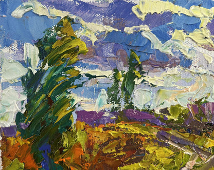 Vibrant impressionist oil painting by Oleksiy Ivanyuk with textured clouds
