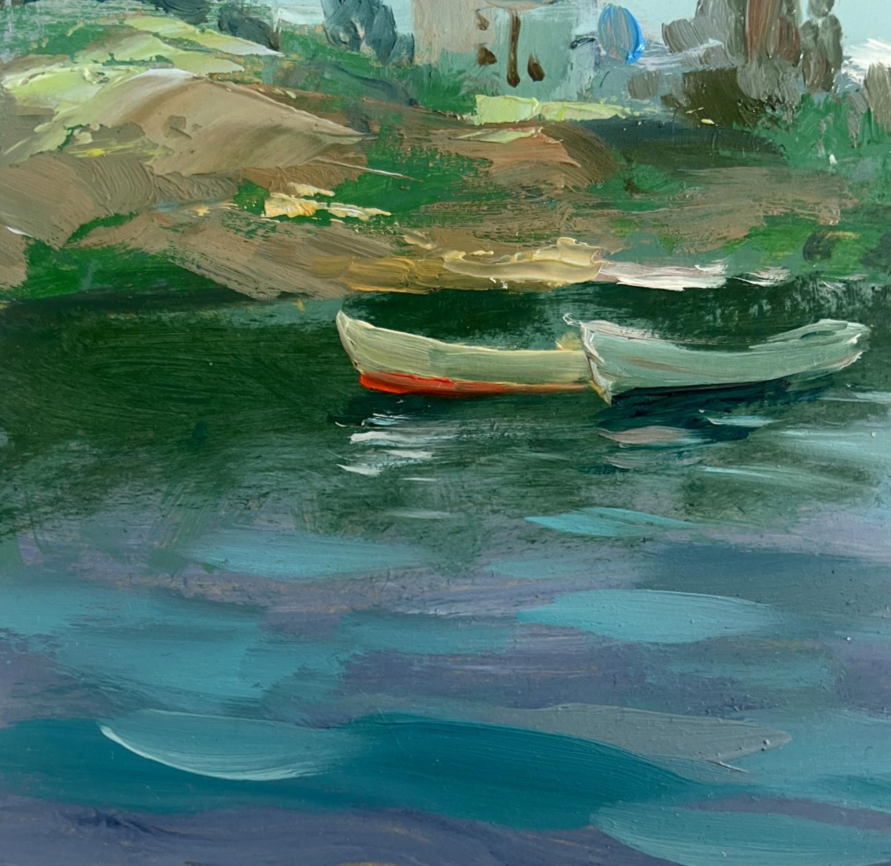 Oil painting Summer quiet fishing by Yuriy Suprunchuk: two white boats on green-blue water