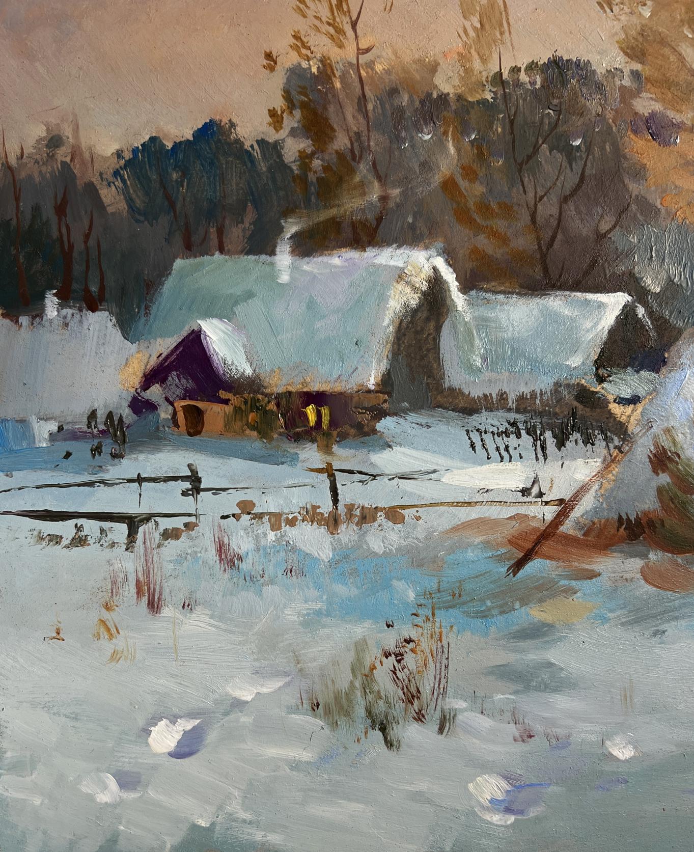 Oil painting of snow-covered rustic village houses by Yuriy Suprunchuk