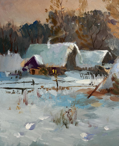 Oil painting of snow-covered rustic village houses by Yuriy Suprunchuk