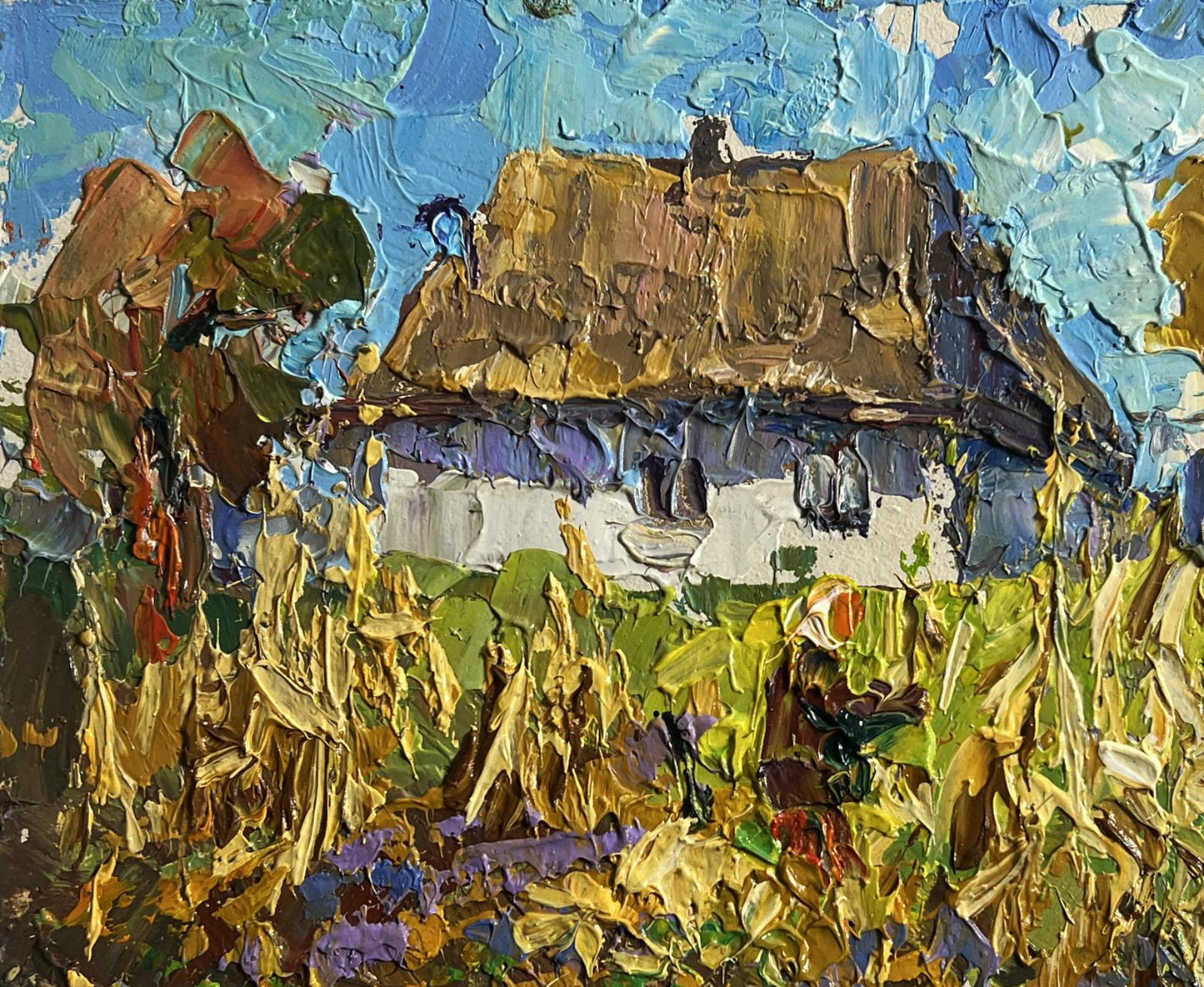 Oil painting Autumn gardening time by Oleksiy Ivanyuk: rustic thatched cottage