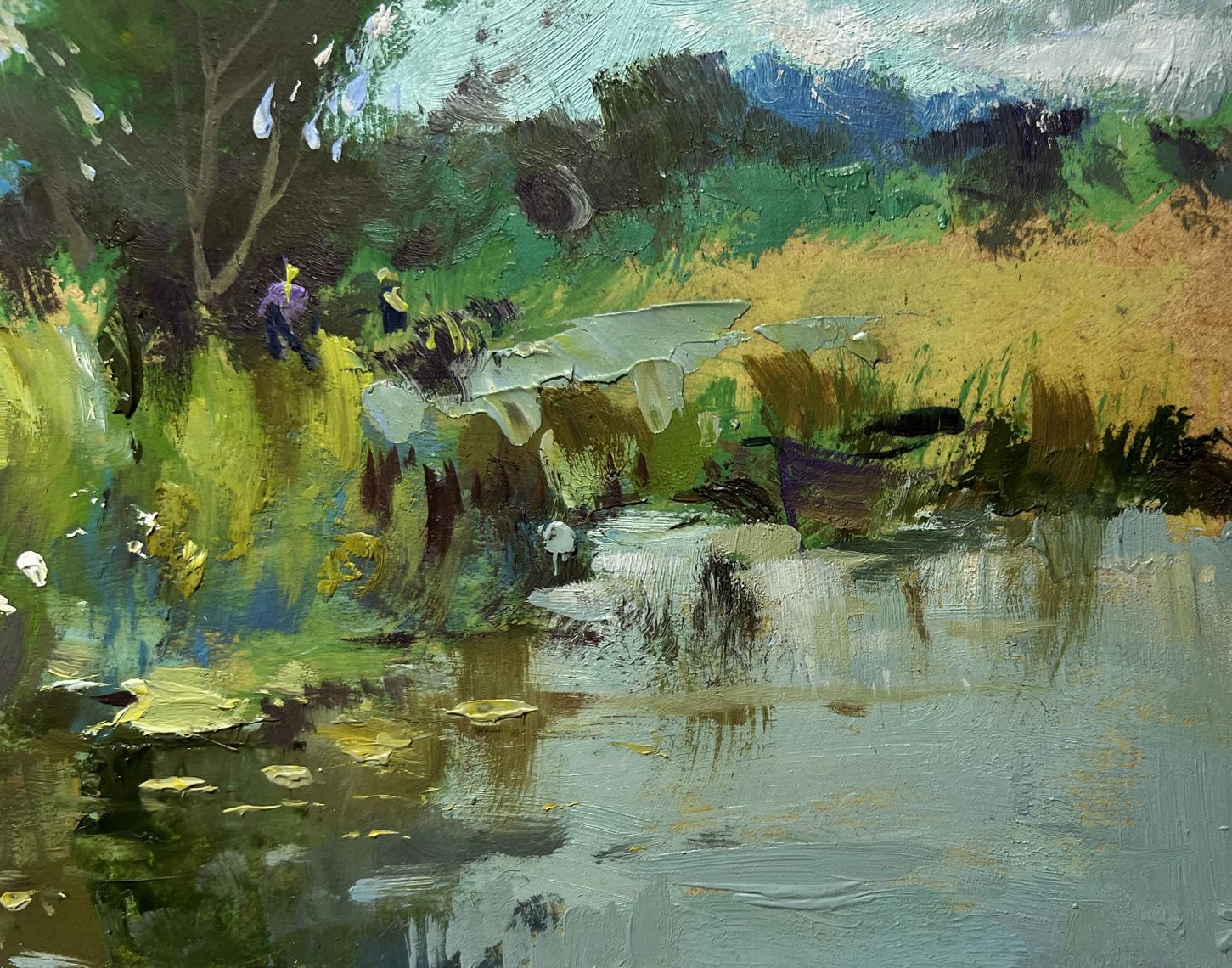 Vibrant impressionist oil painting of Yuriy Suprunchuk village riverbank scene
