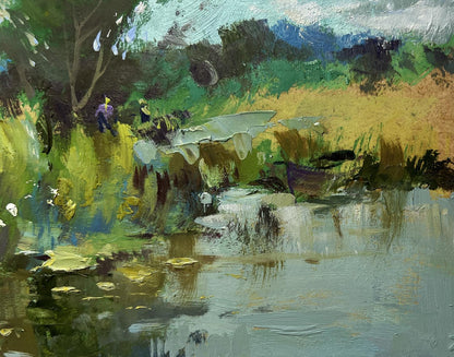 Vibrant impressionist oil painting of Yuriy Suprunchuk village riverbank scene