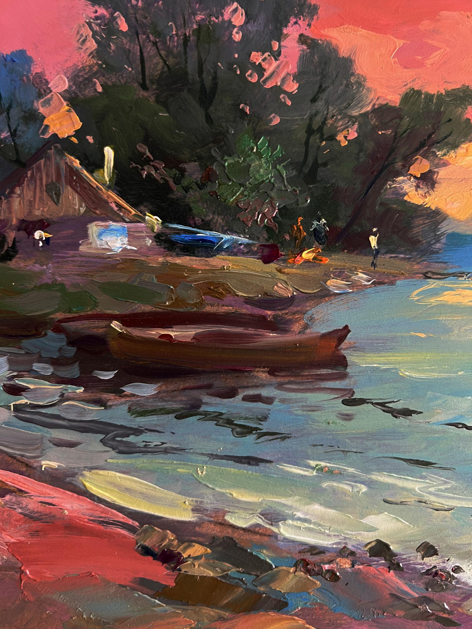 Oil painting of rustic rowboat at sunset by Yuriy Suprunchuk