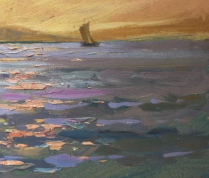 Oil painting by Yuriy Suprunchuk: sailboat on impressionistic romantic sea