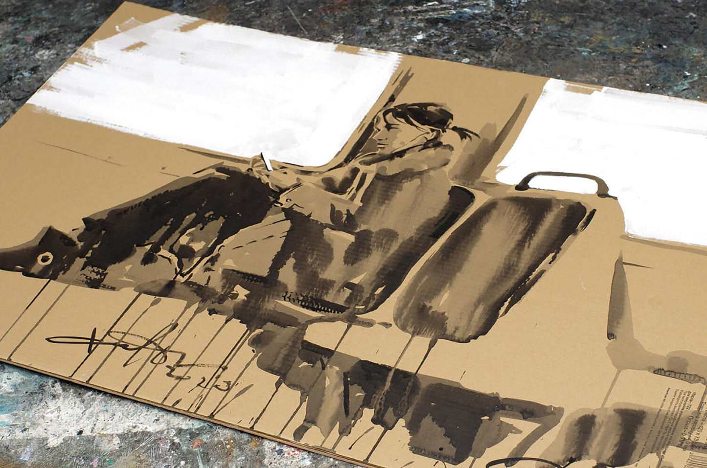 Sepia ink illustration of Dima Filatov Electric Train driver on cardboard