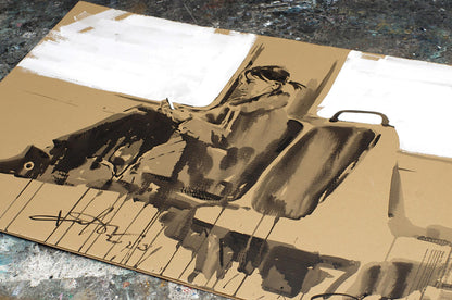 Sepia ink illustration of Dima Filatov Electric Train driver on cardboard