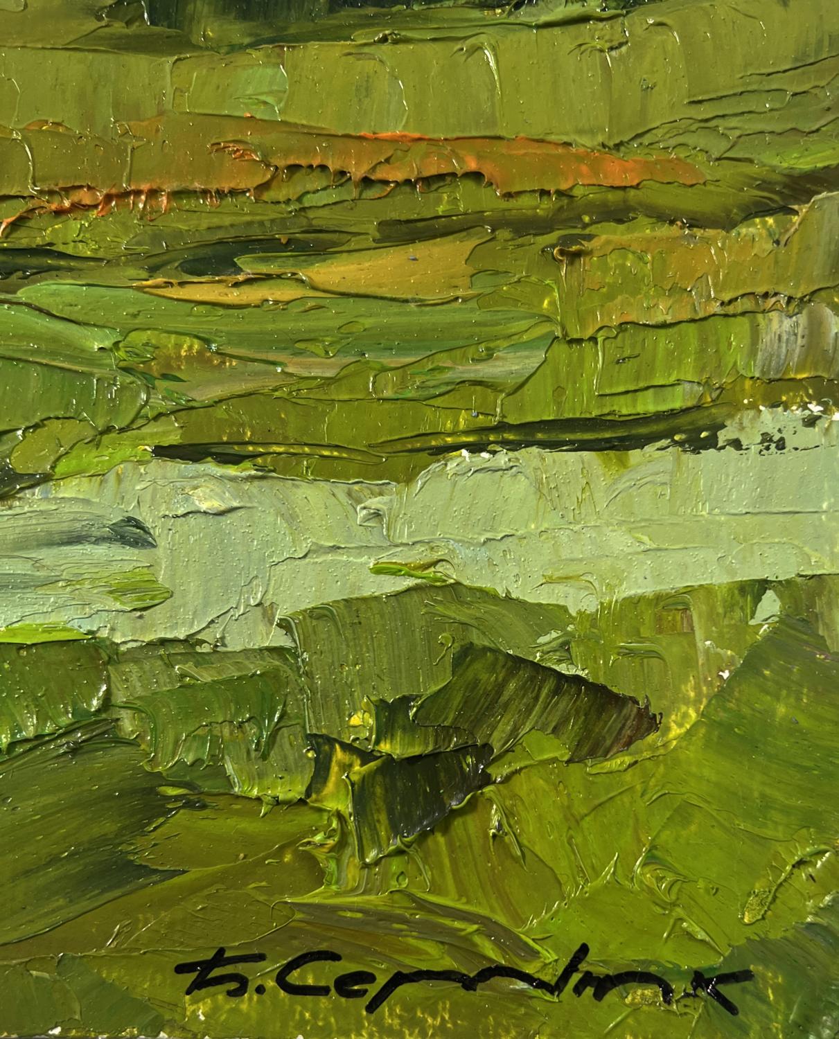 Oil painting of mountain nature by Boris Serdyuk, textured green ochre brushstrokes