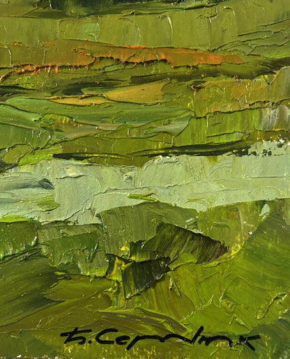 Oil painting of mountain nature by Boris Serdyuk, textured green ochre brushstrokes