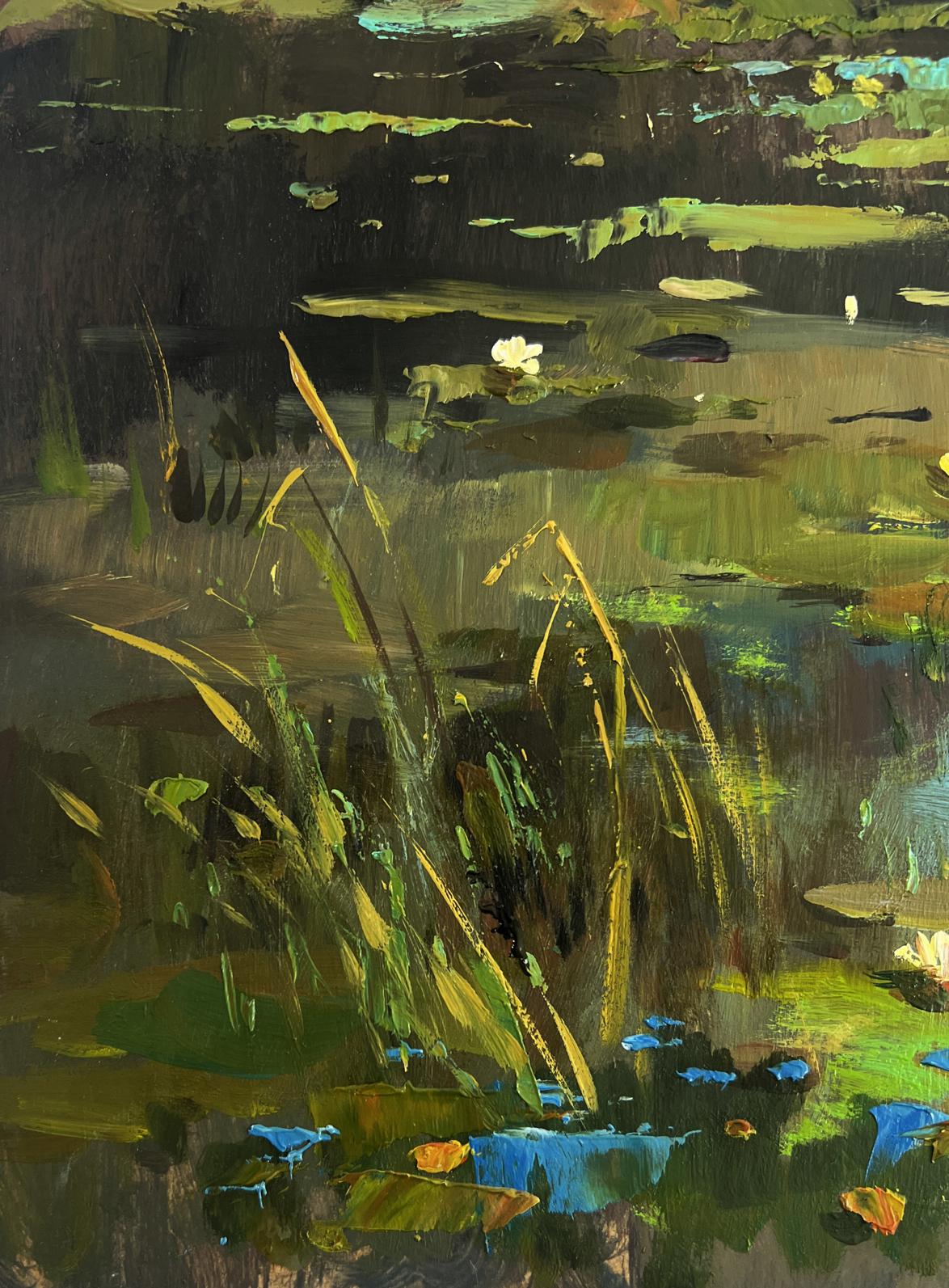 Impressionistic oil painting Quiet fishing by Yuriy Suprunchuk with reeds and lilies